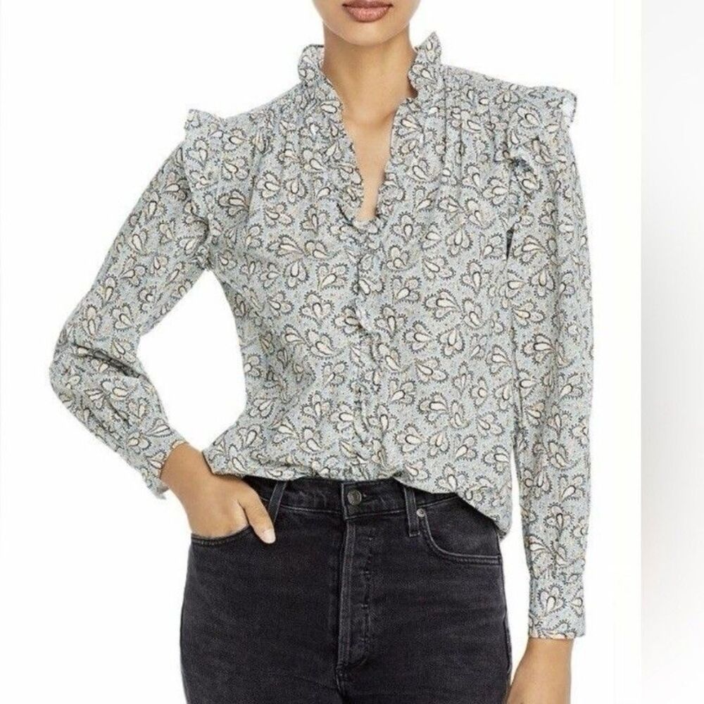 La Vie Rebecca Taylor Odette Paisley Blue Gold Metallic Cotton Blouse Size Small